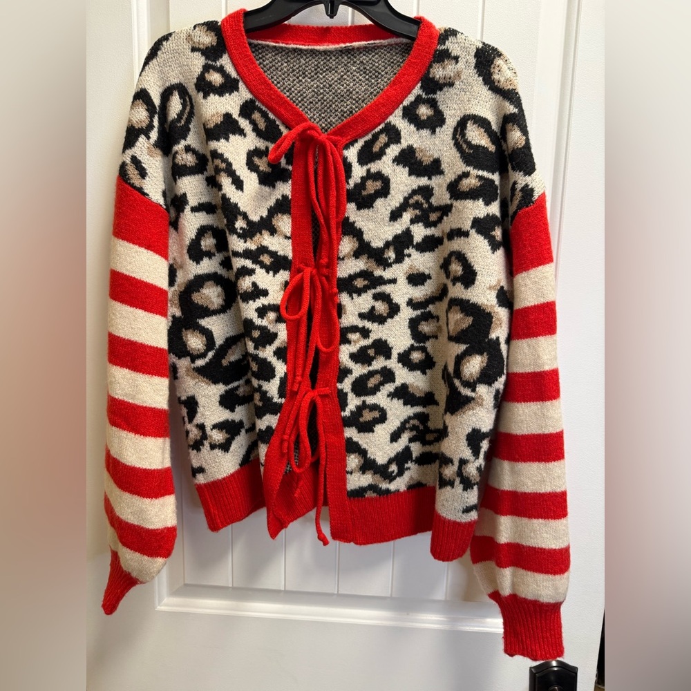 Frenchy Women Casual Leopard Striped Lantern Long Sleeve Tie-Up Cardigan Size M